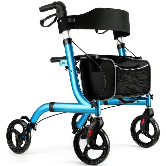 Garvee Walker for Seniors, Rollator Walker with Seat, 12" Rubber Wheels All Terrain Rollator Walker, Lightweight Aluminum Walkers with Backrest, Outdoor Rolling Walker Foldable Adjustable,Blue