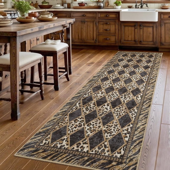 Garvee Washable 2x8 Runner Rug, Soft Animal Print Kitchen Runners for Hallways, Non Slip Checkered Rug Runners for Entryway Bedroom Laundry, Light Brown