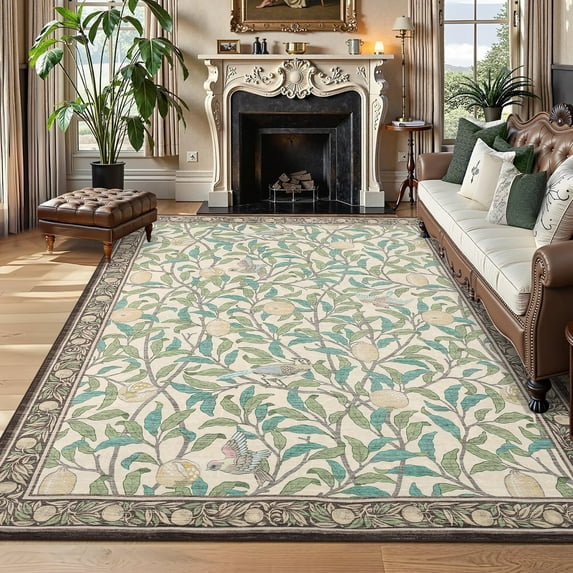 Garvee Washable Area Rug 5x7 Botanical Print Rugs Living Room Rugs, Farmhouse Non-Slip Indoor Rug Soft Stain Resistant Carpet for Bedroom, Home Office, Beige