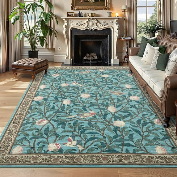 Garvee Washable Area Rug 8x10 Botanical Print Rugs Living Room Rugs, Farmhouse Non-Slip Indoor Rug Soft Stain Resistant Carpet for Bedroom, Home Office, Light Blue