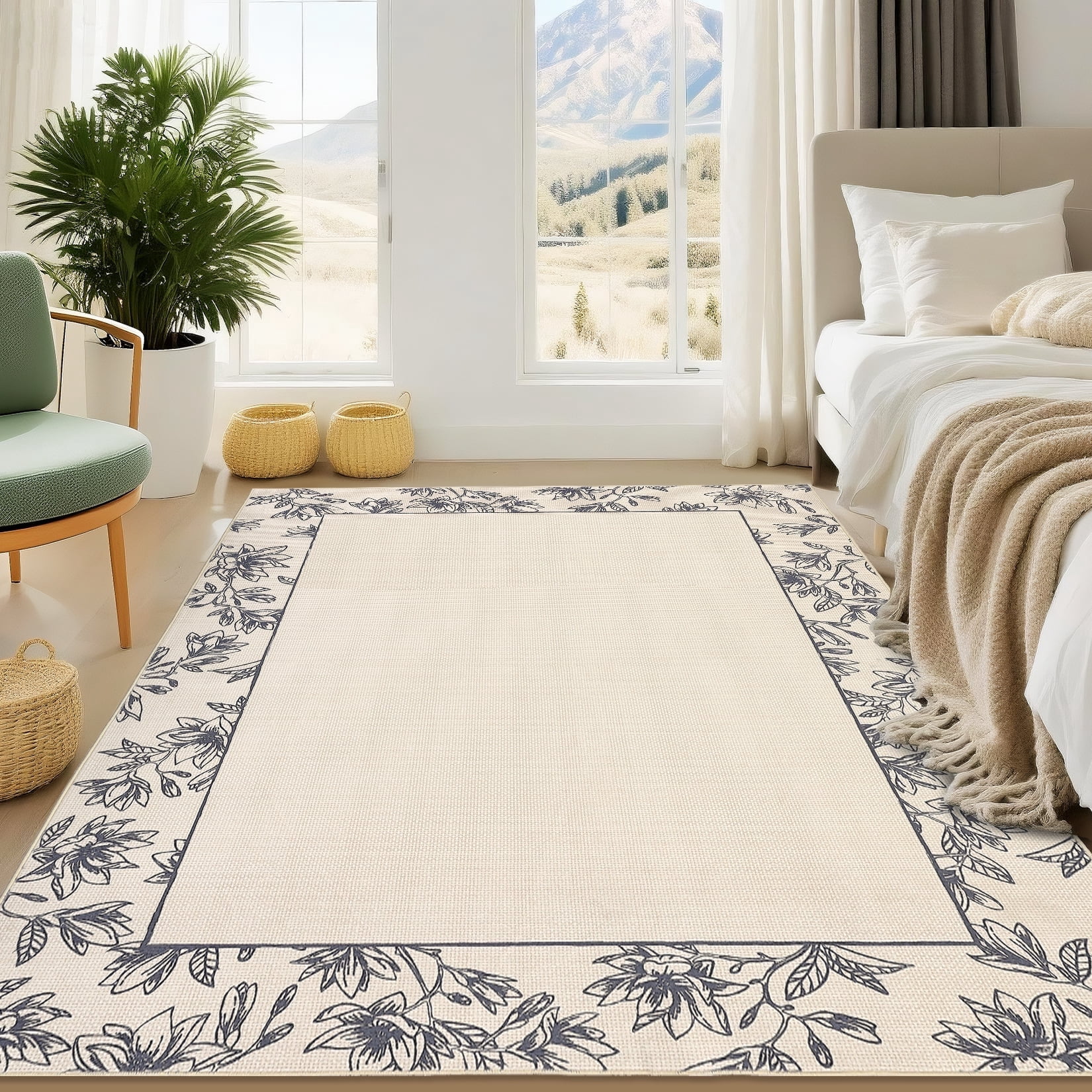 Garvee 10'x13' Solid Floral Area Rugs Modern Bordered Washable Rugs, Soft Non Slip Carpet Low Pile Rug for Living Room Bedroom Home Decor, Beige