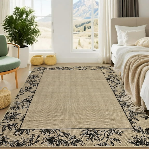 Garvee 5'x7' Solid Floral Area Rugs Modern Bordered Washable Rugs, Soft Non Slip Carpet Low Pile Rug for Living Room Bedroom Home Decor, Linen