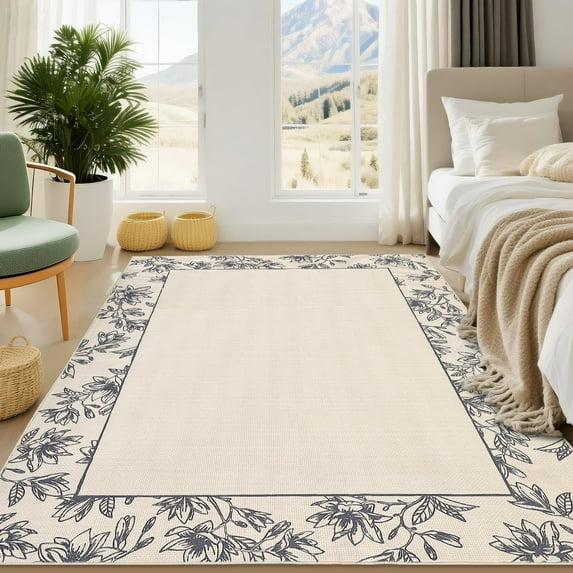 Garvee 8'x10' Solid Floral Area Rugs Modern Bordered Washable Rugs, Soft Non Slip Carpet Low Pile Rug for Living Room Bedroom Home Decor, Beige