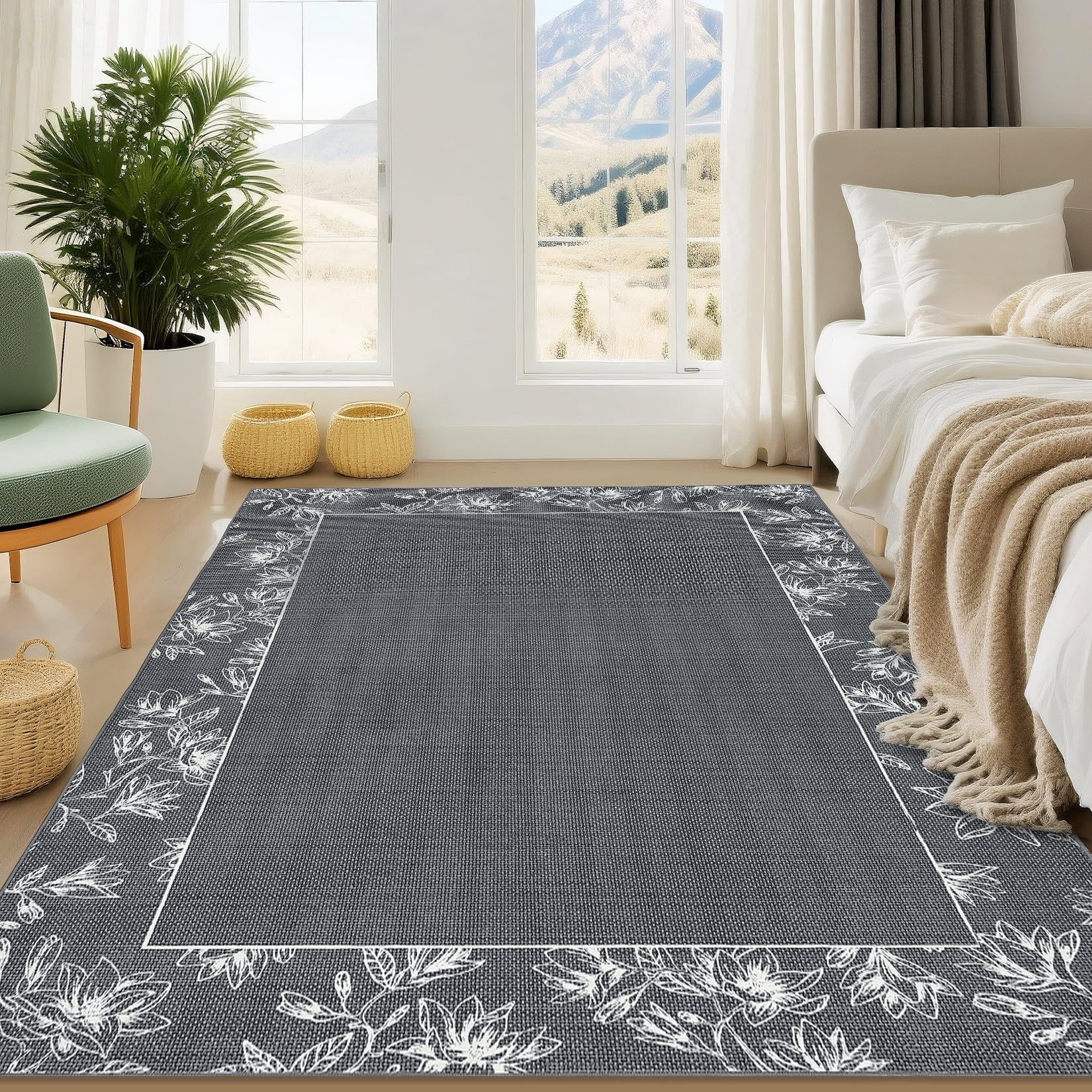 Garvee 9'x12' Solid Floral Area Rugs Modern Bordered Washable Rugs, Soft Non Slip Carpet Low Pile Rug for Living Room Bedroom Home Decor, Dark Gray