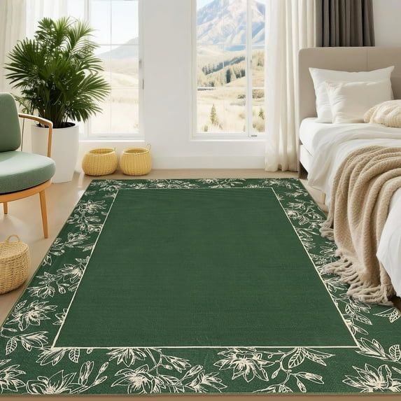 Garvee 9'x12' Solid Floral Area Rugs Modern Bordered Washable Rugs, Soft Non Slip Carpet Low Pile Rug for Living Room Bedroom Home Decor, Green