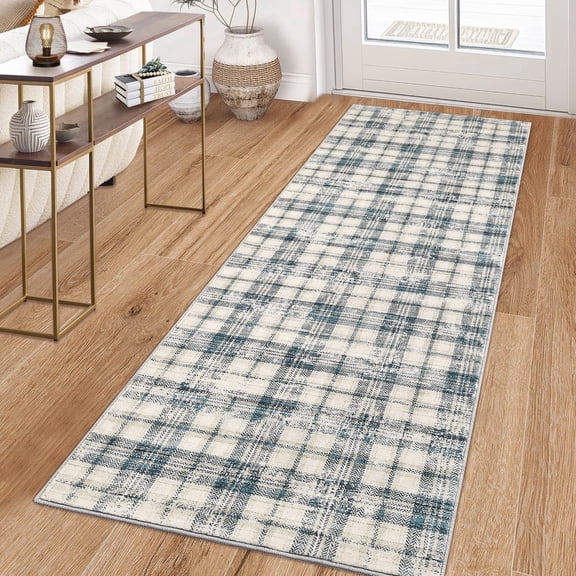Garvee Washable Rug 2x6 Modern Plaid Runner Rug, Non Slip Stain Resistant Rug Geometric Carpet for Hallway Bedroom Kitchen, Blue