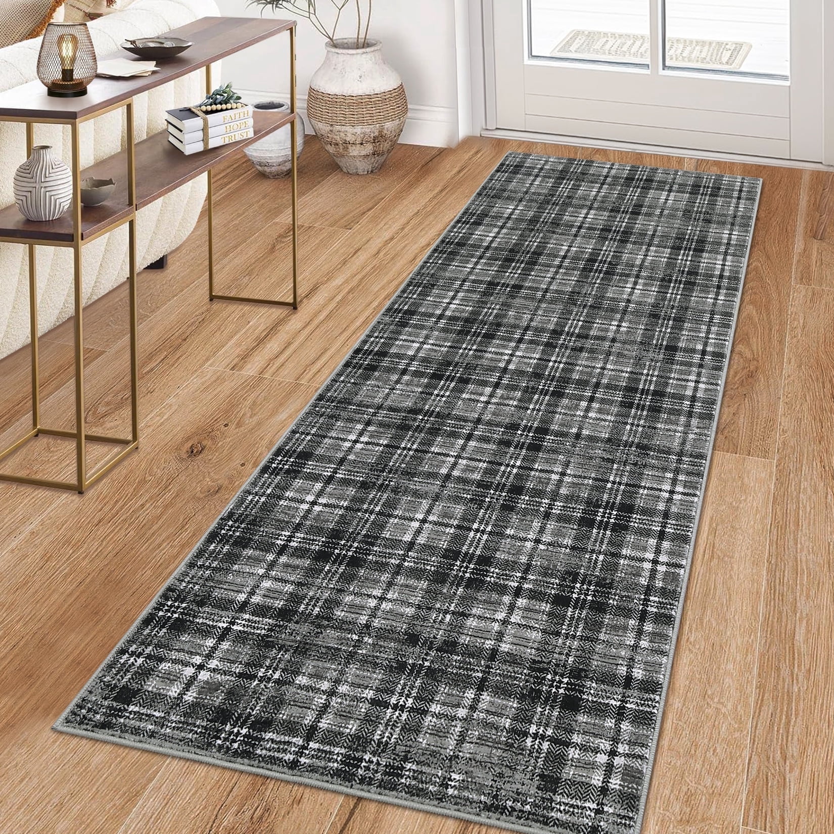 Garvee Washable Rug 2x6 Modern Plaid Runner Rug, Non Slip Stain Resistant Rug Geometric Carpet for Hallway Bedroom Kitchen, Gray