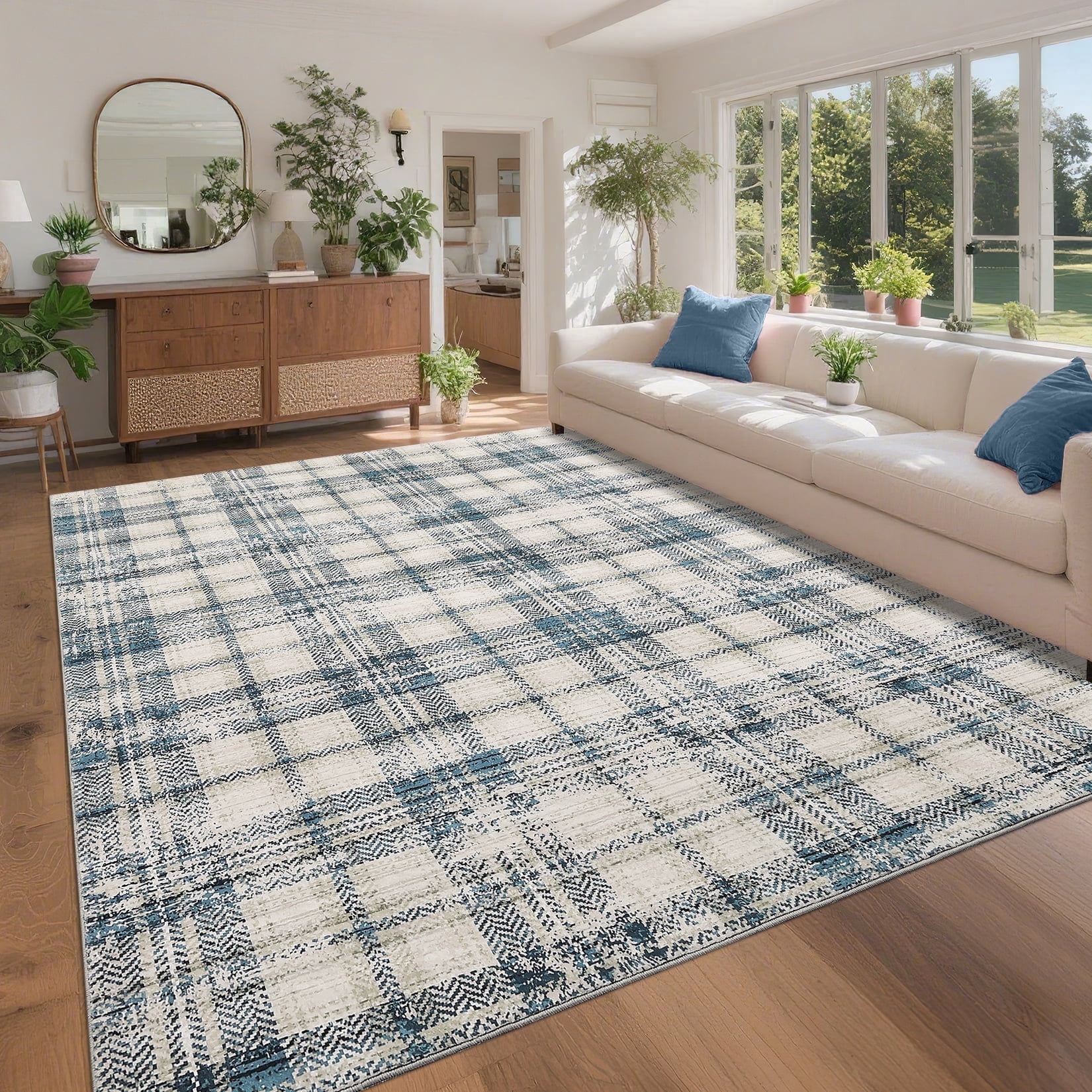 Garvee Washable Rug 5x7 Modern Plaid Area Rug, Non Slip Stain Resistant Rug Geometric Carpet for Living Room Bedroom Home Office, Blue