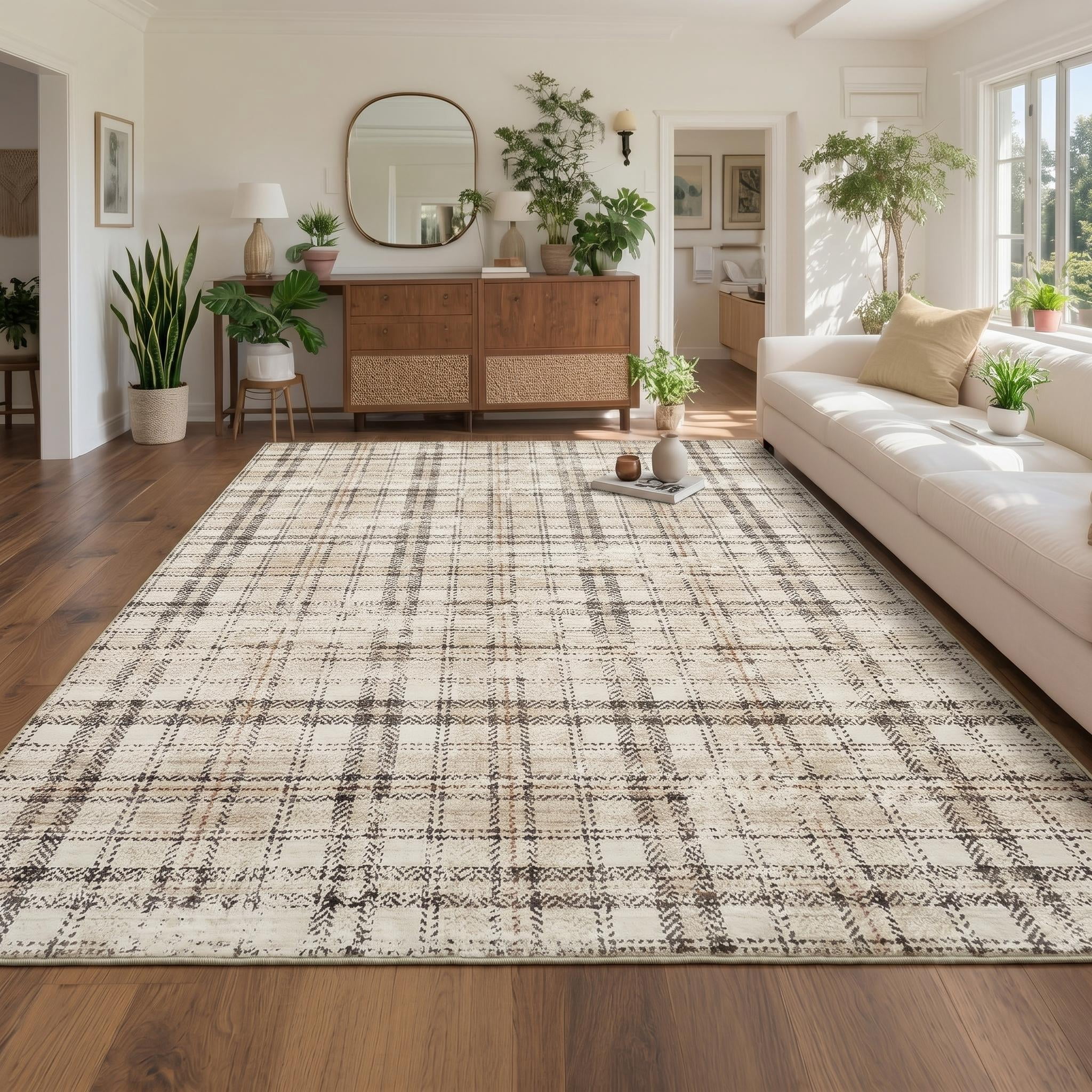 Garvee Washable Rug 6x9 Modern Plaid Area Rug, Non Slip Stain Resistant Rug Geometric Carpet for Living Room Bedroom Home Office, Beige