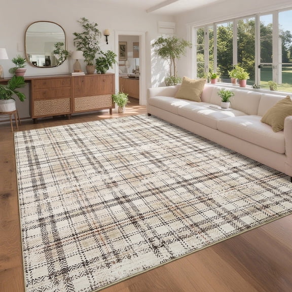 Garvee Washable Rug 8x10 Modern Plaid Area Rug, Non Slip Stain Resistant Rug Geometric Carpet for Living Room Bedroom Home Office, Beige