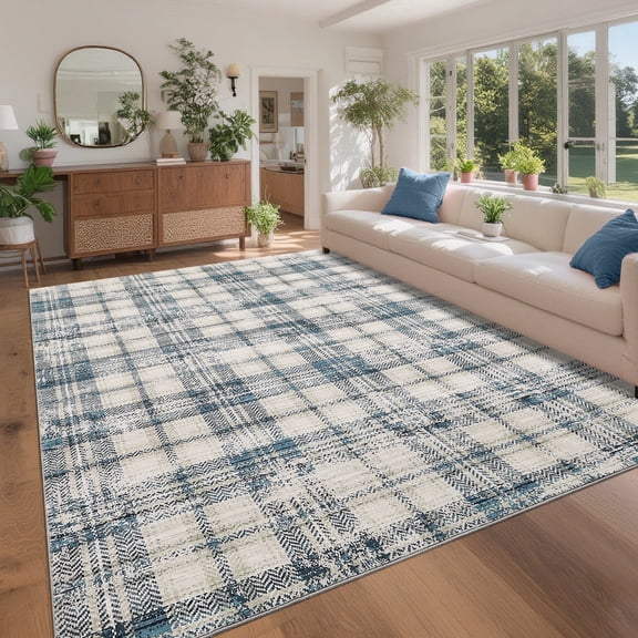 Garvee Washable Rug 8x10 Modern Plaid Area Rug, Non Slip Stain Resistant Rug Geometric Carpet for Living Room Bedroom Home Office, Blue
