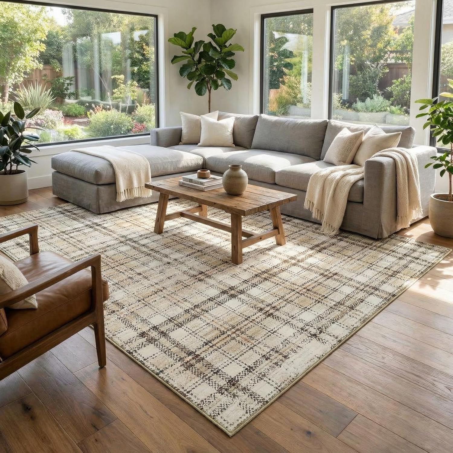 Garvee Washable Rug 9x12 Modern Plaid Area Rug, Non Slip Stain Resistant Rug Geometric Carpet for Living Room Bedroom Home Office, Beige