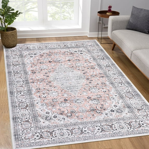 Garvee Washable Rugs 5'x7' Floral Rug Vintage Oriental Rug Distressed Rug Non-Slip Low Pile Print Rug Persian Boho Rug Apartment, Pink/Multi