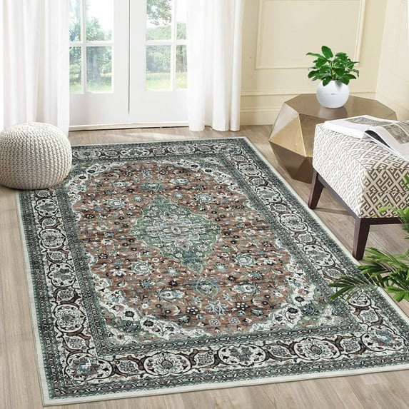 Garvee Washable Rugs 5x7 Floral Rug Vintage Oriental Rug Distressed Rug Non-Slip Low Pile Print Rug Persian Boho Rug Apartment, Green/Multi