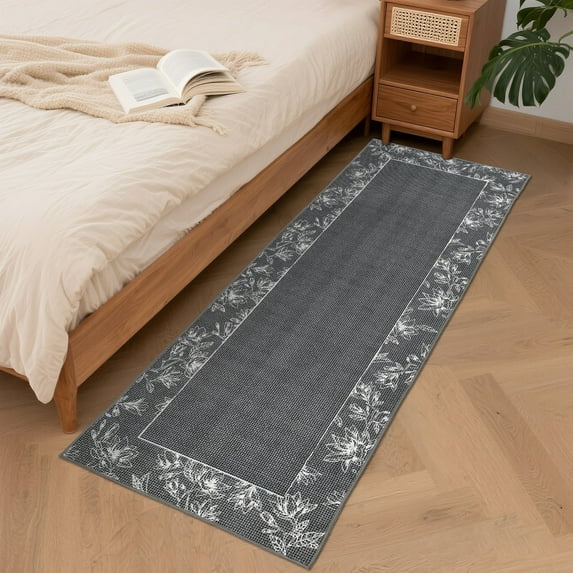 Garvee Washable Runner Rugs 2x6 Modern Bordered Rugs, Soft Ultra Thin Accent Carpet Non Slip Low Pile Rug for Hallway Kitchen Entryway Bathroom, Dark Gray