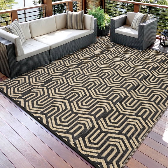 Garvee Waterproof Outdoor Rug 8x10ft Reversible Patio Rug, Plastic Straw Rug RV Camping Rug for Deck Balcony Porch Picnic Backyard, Black Coffee