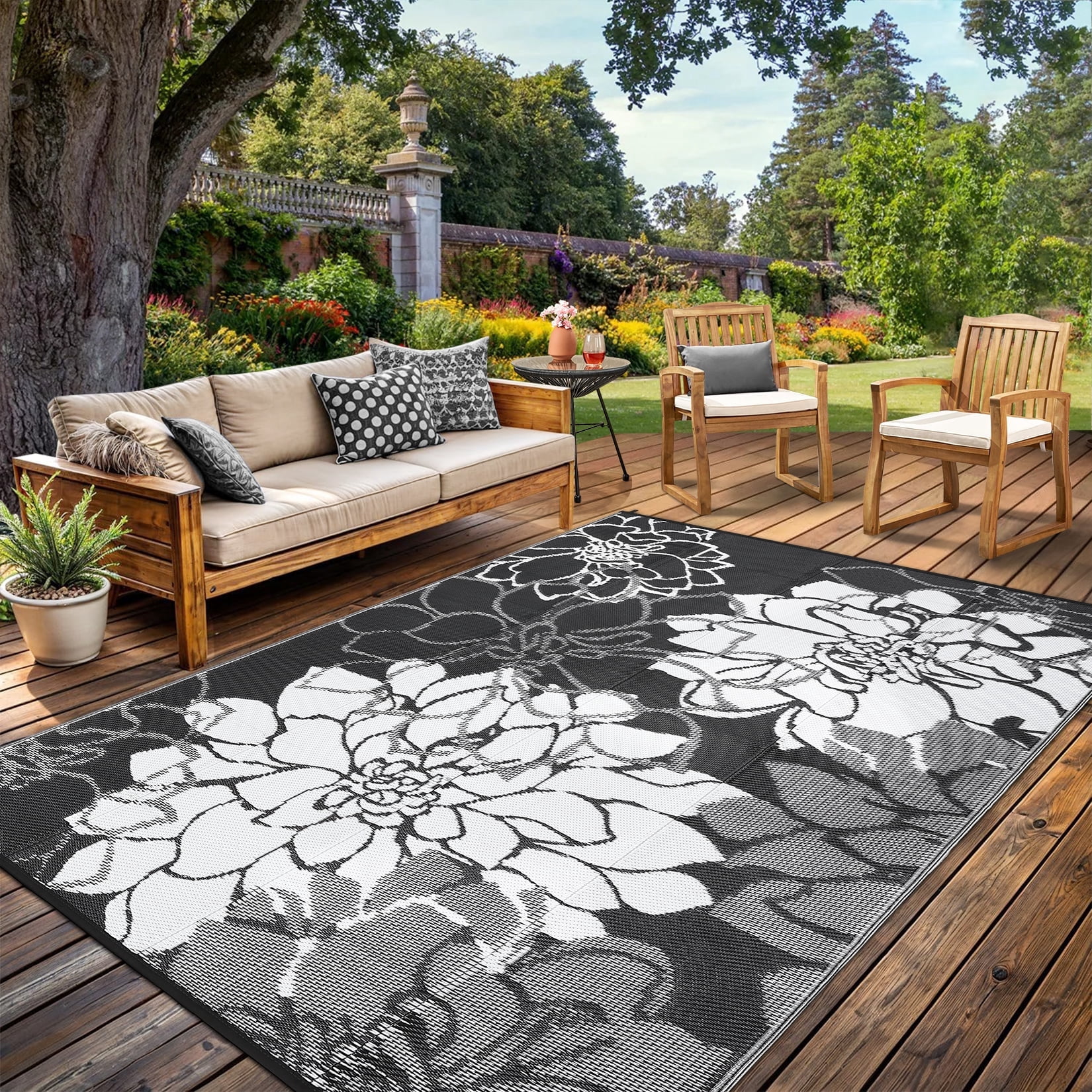 Garvee Waterproof Outdoor Rug 9'x12' Modern Floral Patio Carpet, Reversible Plastic Straw Rug Foldable RV Camping Mat with Stakes for Patio Balcony Deck Backyard, Black