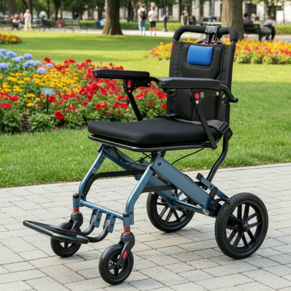 Garvee Wheelchair for Elderly, Transport Chair Lightweight Foldable with Handbrake & Removable Seat Cushion, 16" Seat Width, 10" Rear Wheel, Blue/Black