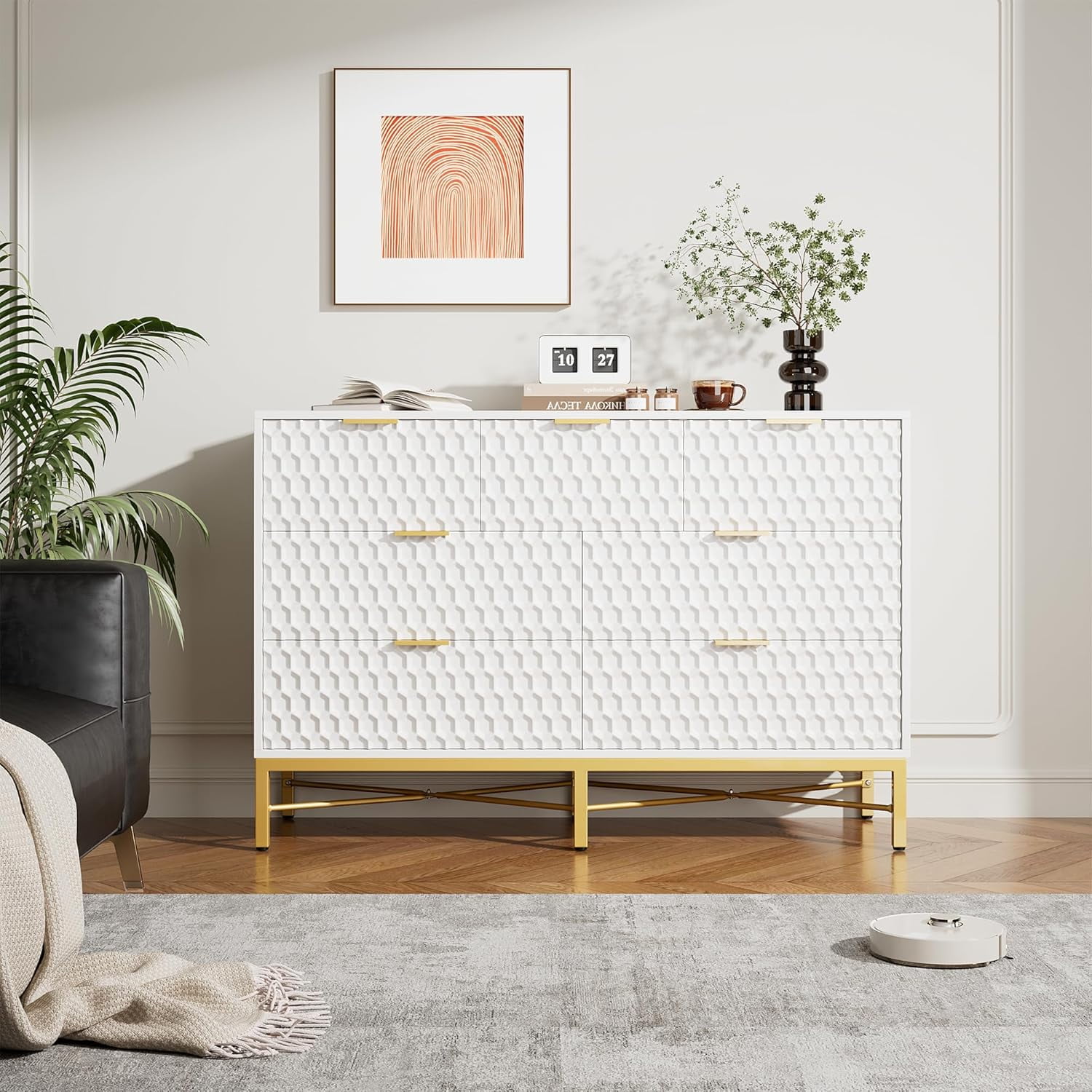 White 7-Drawer Dresser with Honeycomb Panels and Gold Metal Frame