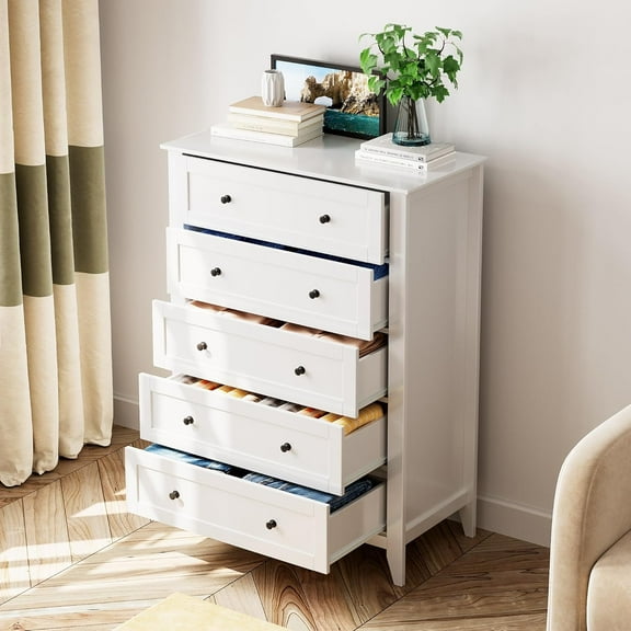 Garvee White Bedroom Dresser, Tall 5-Drawer Chest with Deep Drawers & Metal Knobs, Modern Wooden Organizer for Entryway, Hallway