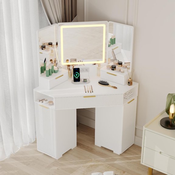 Garvee White Corner Vanity, Corner Vanity Desk with Mirror and Lights, Fluted Makeup Table with Charging Station, Drawers, Storage Cabinets