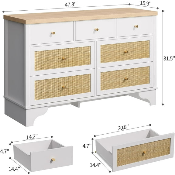 Garvee White Dresser for Bedroom with 7 Drawers, 7 Drawers Double Dresser, 47.3'' Wide Wood Chest of Drawers with Wood Drawer Organizer with Sturdy Base for Living Room, Entryway and Hallway