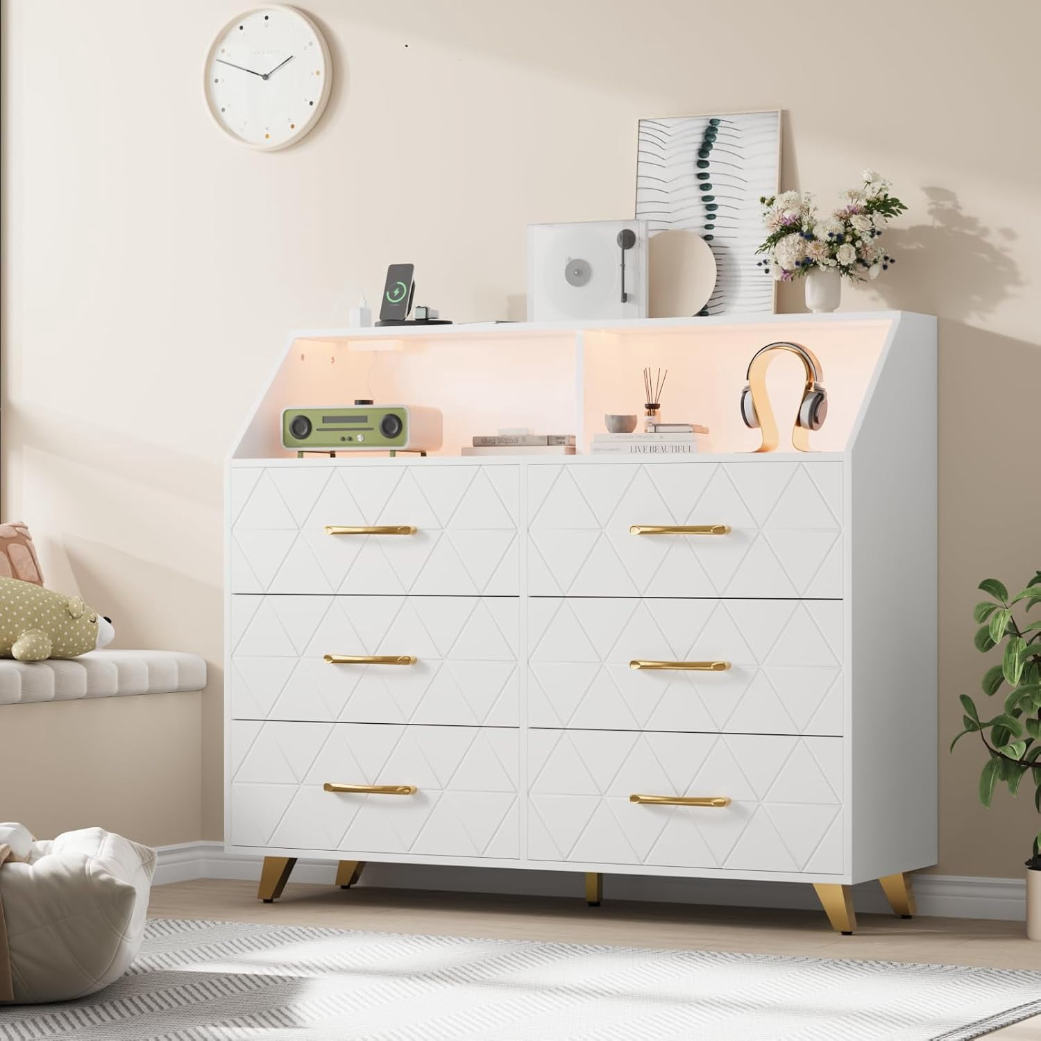 Garvee White Dresser with Charging Station, LED TV Stand Dresser with 6 ...