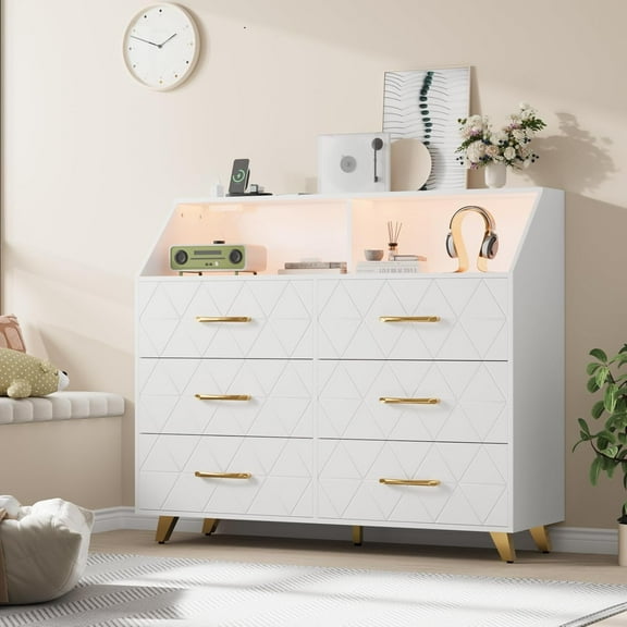 Garvee White Dresser with Charging Station, LED TV Stand Dresser with 6 Drawers, Wood Modern Dressers & Chests of Drawers for Closet, Bedroom, Living Room, Hallway, Entryway
