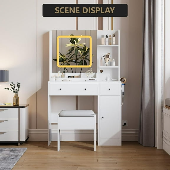 Garvee White Vanity Desk Set with Stool, Mirror & Lights – Makeup Vanity with Charging Station, Drawers & Storage Shelves for Bedroom