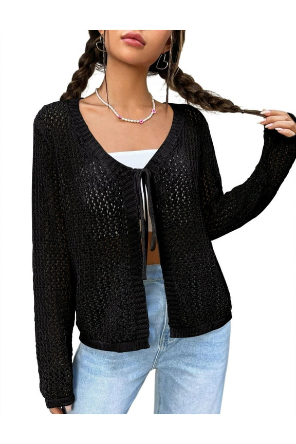 Women's Long Sleeve Cardigan Tie Front V Neck Crochet Lightweight Shrug Sweaters for Dresses Knit Top