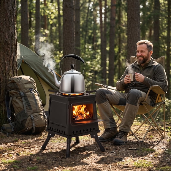 Garvee Wood Burning Camp Stove with Fire Poker, 13'' Portable Cast Metal Backpacking Stove for Outdoor Cooking, Camping, Picnic