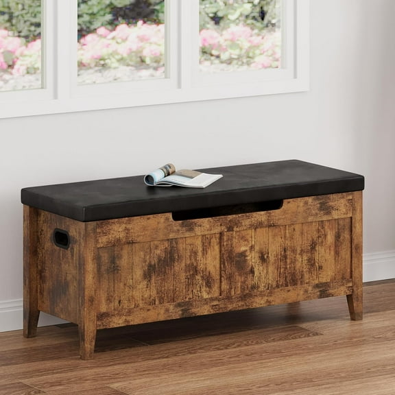 Garvee Wooden Storage Bench with Cushion, Entryway Seat with 2 Safety Hinges, Hidden Storage Chest for Bedroom, Living Room, Hallway, Supports 220 lbs, Brown