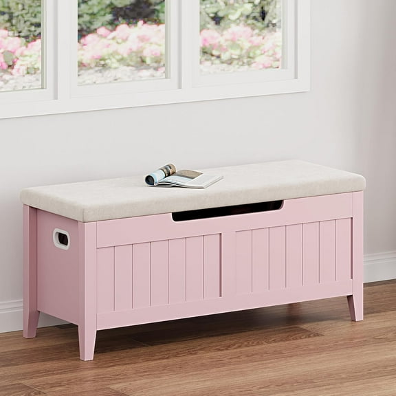 Garvee Wooden Storage Bench with Cushion, Entryway Seat with 2 Safety Hinges, Hidden Storage Chest for Bedroom, Living Room, Hallway, Supports 220 lbs, Pink