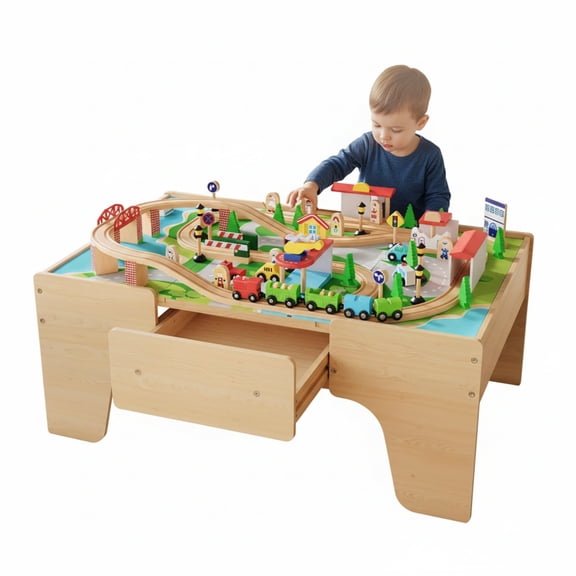 Garvee Wooden Train Table, 84 Piece Set with 1 Storage Bin, 38.2 x 24.6 x 15.6 Inch, for Toddlers 3+