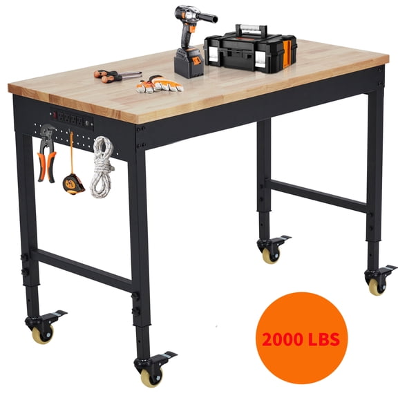 EuKer Work Benches for Garage, 60" x 22" Workbench Adjustable Height with Power Outlets & Wheels, 2000 LBS Load Capacity, Black