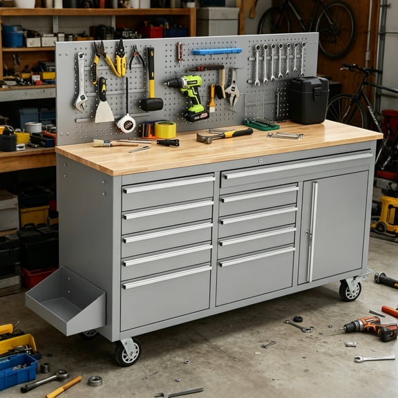 Garvee Workbench Tool Chest, 60" Heavy Duty Work Bench with Wheels and 10 Drawer, Power Strip for Garage/Warehouse, Silver