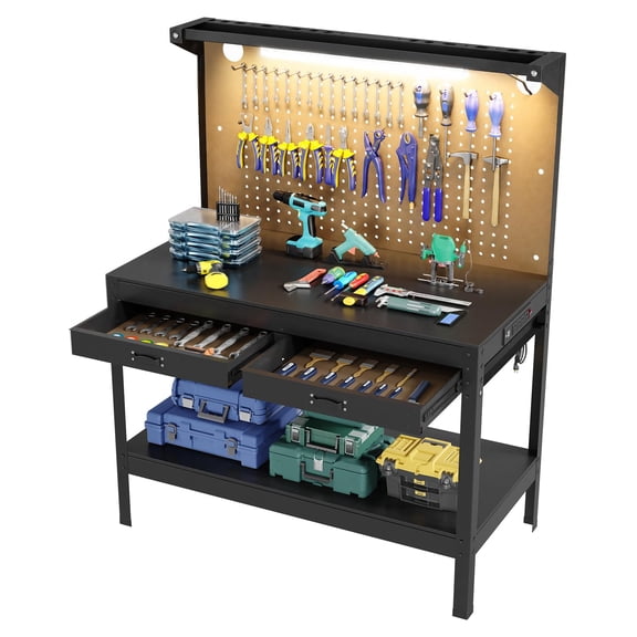 Garvee Workbench for Garage, 48" Heavy Duty Worktable w/ Power Outlets for Garage, Workshop, Crafting