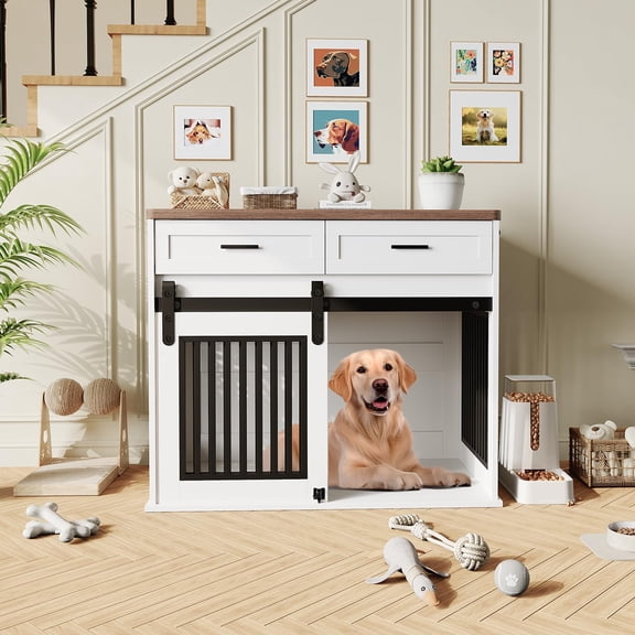 Garvee XL Wooden Dog Crate Furniture with Sliding Barn Door  Indoor Dog Kennel End Table, Storage Drawer & Hook, Decorative Metal Accents, Heavy Duty Pet House for Medium/Small Dogs, White