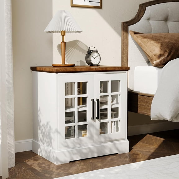 GarveeHome 24" Farmhouse End Table, Rustic Square Nightstand Sofa Side Table with Charging Station Adjustable Storage Shelf, White