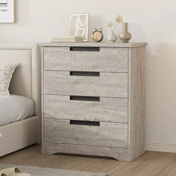 GarveeHome 4 Drawer Dresser for Bedroom, Natural Chest of Drawers with Embedded Handles Design, Wooden Dresser Organizer for Living Room, Nursery, Hallway and Entryway,Grey