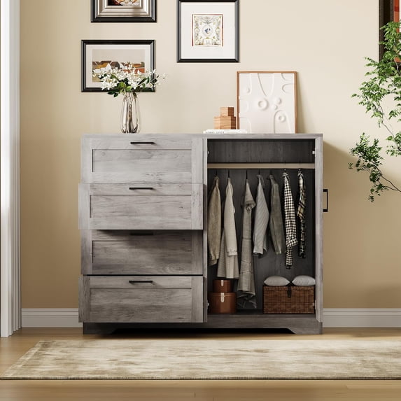 GarveeHome 43.3" H Armoire Wardrobe Closet with 4 Drawers and 2 Doors, Hanging Rod, Multifunctional Wooden Dresser with Storage, Bedroom Storage Cabinet for Clothes, Bathroom, Living Room, Grey