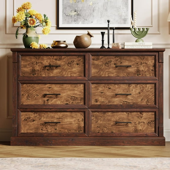 GarveeHome 47" Farmhouse 6 Drawer Dresser, Rustic Wood Chest Organizer, Bedroom Storage Cabinet for Living Room, Hallway, Entryway, Brown