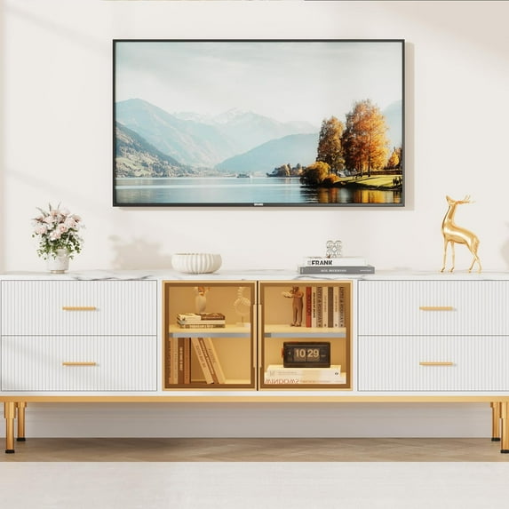 GarveeHome 65 Inch TV Stand with LED Lights, Modern Entertainment Center with 4 Drawers & Shelves, TV Console Table for 55/65/75 Inch TV, Large Low Profile TV Stand for Living Room, White