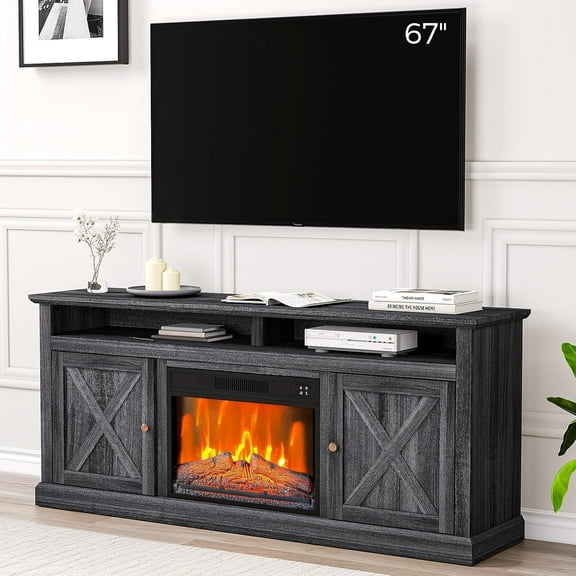 GarveeHome 67" Fireplace TV Stand for TVs Up to 67", 23" Electric Fireplace Heater, Remote, Timer, Adjustable LED Flames, Sliding Barn Doors, Rustic Entertainment Console