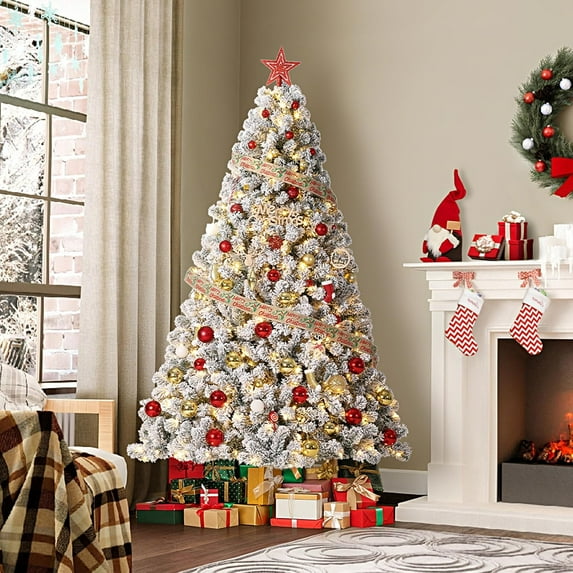 GarveeHome 7.5FT Snow Flocked Pre-Lit Artificial Christmas Tree, 450 Warm White Lights, Quick Hinged Setup, Foldable Metal Base, Foot Pedal for Home, Office
