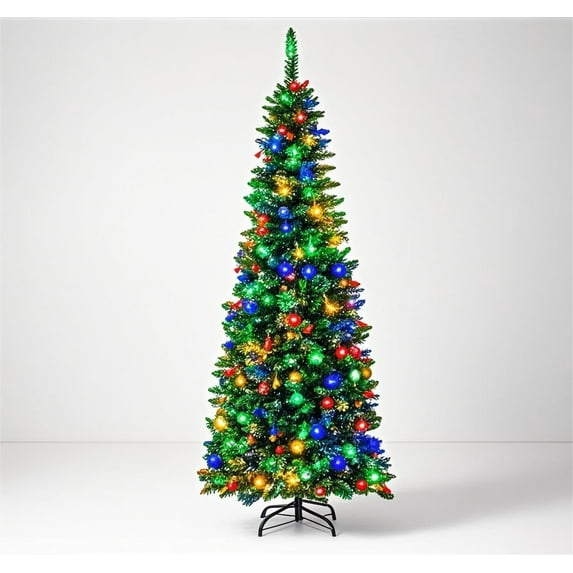 GarveeHome 7.5ft Pre-Lit Slim Pencil Christmas Tree, Dual Color LED Lights, Lifelike PVC, Solid Metal Base, Easy Assembly, Holiday Decoration for Home Office