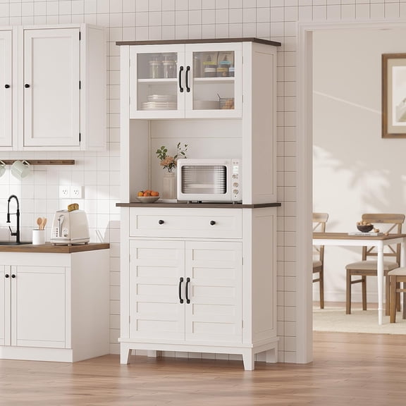 GarveeHome 72" Farmhouse Coffee Bar Cabinet with Storage Drawers & Glass Doors, Buffet Sideboard for Kitchen or Dining Room, White