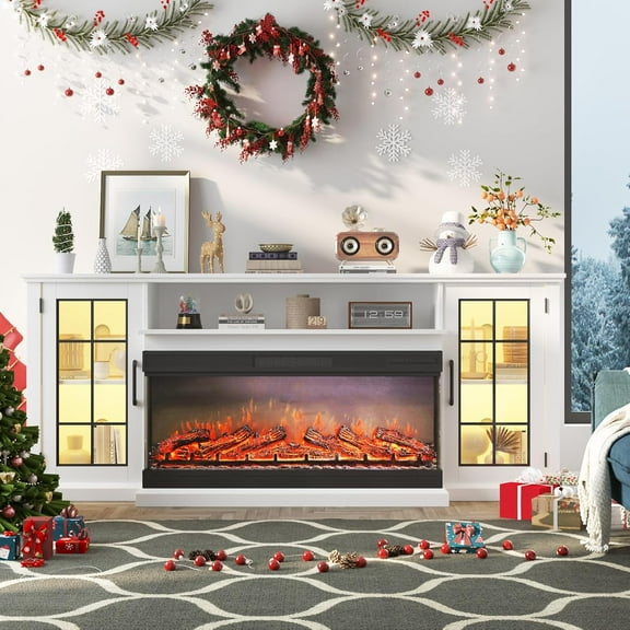 GarveeHome 75" 3-Sided Glass Fireplace TV Stand for TVs Up to 85", 40" Electric Fireplace, LED Lights, Rustic Distressed White Media Console with Glass Doors & Storage