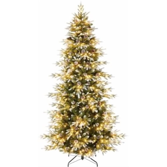 GarveeHome 9ft Frosted Flocked Pencil Christmas Tree with Pine Cones, Warm White Lights 8 Modes, Automatic Hinged Branches, Metal Stand, PE & PVC