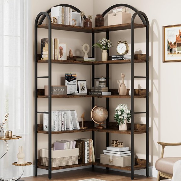 GarveeHome Arched Bookshelf Corner Bookcase, L Shaped Bookshelf Industrial Corner Bookshelves, Large Bookcase with Metal Frame, Corner Shelf Arch Display Rack for Living Room Bedroom